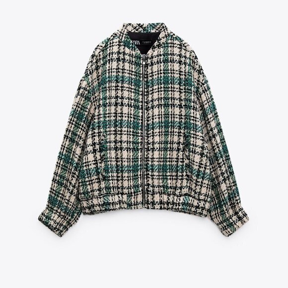 New Zara Plaid Textured Tweed Oversized Bomber Green Chanel Style Jacket NWT XS - Picture 8 of 17